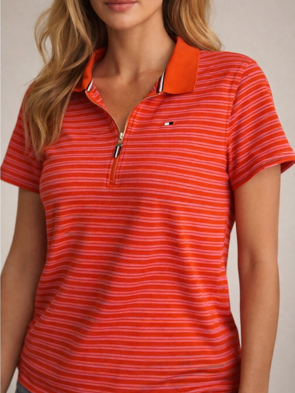 Tommy Hilfiger Red Striped Polo Top XL Zip Collar Casual Classic Summer Coastal